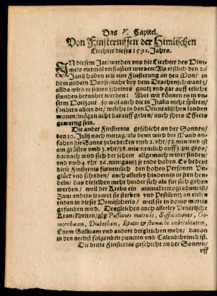 Das V. Capitel. Von Finsternissen der Himlischen Liechter dieses 1591. Jahrs.