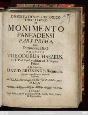 P. 1: Dissertationis Historico-Theologicae, De Monimento Paneadensi
