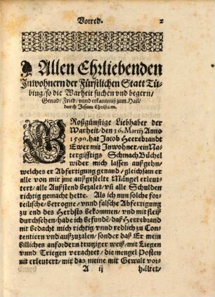 Nothwendige vnd vnuermeidliche Klag und Beschwerschrifft, wider Jacobum Heerebrand, welcher inn seiner liederlichen Widerlegung des Dancks vnnd Abdancks, auff die fürnembsten Haubtpuncten nit geantwortet, Die alten hundert Lugen mit newen geflicket ... Vnd gleichwol solliches sein liederlichs ... Schreiben Abfertigung nennen dörffen