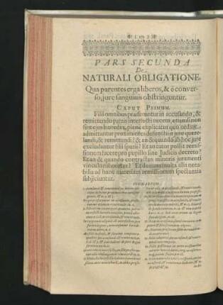 Pars Secunda. De Naturali Obligatione, Qua parentes erga liberos, & e converso, iure sanguinis obstringuntur.