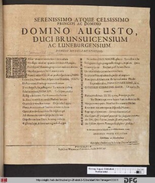 Serenissimo Atque Celsissimo Principi Ac Domino Domino Augusto, Duci Brunsvicensium Ac Luneburgensium. Domino Meo Clementissimo