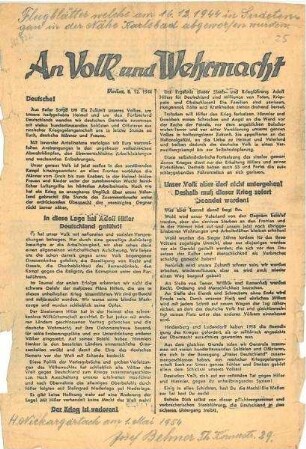 Sowjetisches Propagandaflugblatt "An Volk und Wehrmacht" Aufruf von General Paulus u.a. Moskau 8.12.1944