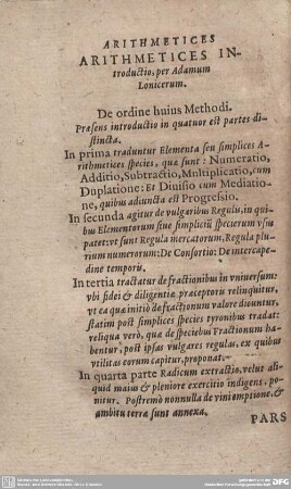 Arithmetices Introductio, per Adamum Lonicerum.