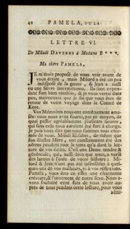 Lettre VI. De Miladi Daverrs à Madame B***.Ma chère Pame'la, ...