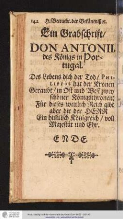 Ein Grabschrift/ DON ANTONII, des Königs in Portugal.