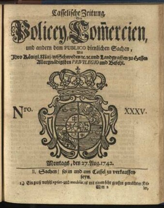 Nro. XXXV, Montags, den 27. Aug. 1742