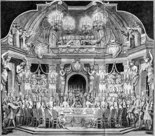 Ehrentempel zum 49. Geburtstag Augusts des Starken am 12. Mai 1718 : Wentzel, Johann Friedrich, nach Pöppelmann, Matthäus Daniel: Ehrentempel zum 49. Geburtstag Augusts des Starken am 12. Mai 1718. Abendliche Festtafel im Innern des Pavillons. Feder und Pinsel in Schwarz, getönt; 44 x 83,5 cm. Dresden: SLUB Mscr.Dresd.J.3, Blatt 5