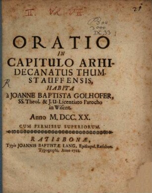 Oratio in Capitulo archidecanatus Thumstauffensis