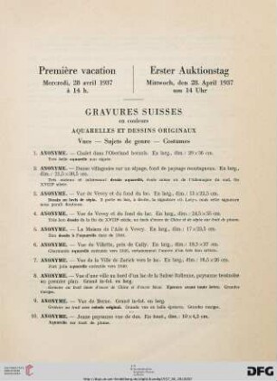 Gravures suisses en couleurs: Aquarelles et dessins originaux: vues, sujets de genre, costumes (Nr. 1-50)