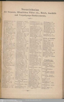 Verzeichniss der Strassen, öffentlichen Plätze etc., Hotels, Gasthöfe und Vergnügungs-Etablissements