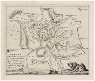 Pianta del nuovo ripartimento de rioni di Roma (Plan der neu aufgeteilten Stadtviertel von Rom), Illustration in: Bernardino Bernardini: Descrizione del nuovo ripartimento de’ rioni di Roma, Rom 1744, zu S. 224