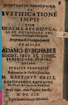 Dispvtatio Theologica, De Ivstificatione Impii