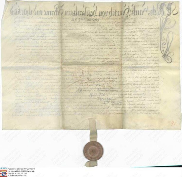 von Heusenstamm: Hans Heinrich von Heusenstamm bekundet, dass er von Bischof Philipp Christoph von Speyer mit einen Haus in Nierstein, mit allen s...