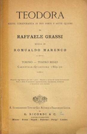 Teodora : azione coreografica in due parti e sette quadri ; Torino, Teatro Regio, carnevale - quaresima 1889 - 90