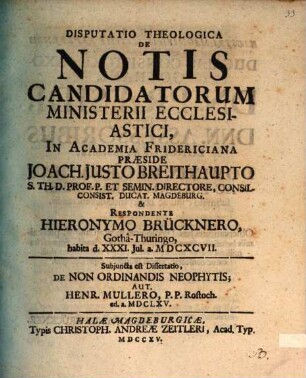 Disputatio Theologica De Notis Candidatorum Ministerii Ecclesiastici