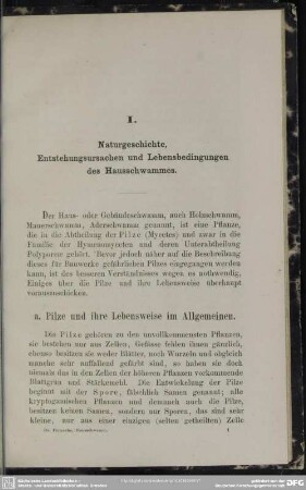 I. Naturgeschichte, Entstehungsursachen und Lebensbedingungen des Hausschwammes
