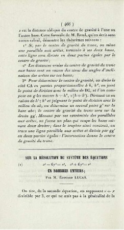 Sur la résolution du système des équations ... en nombres entiers.