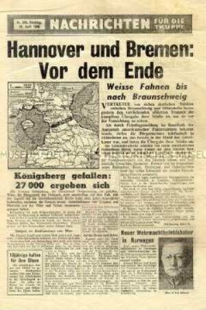 Nachrichtenblatt der US-Armee für die Wehrmacht zum Vormarsch der Alliierten auf Bremen und Hannover