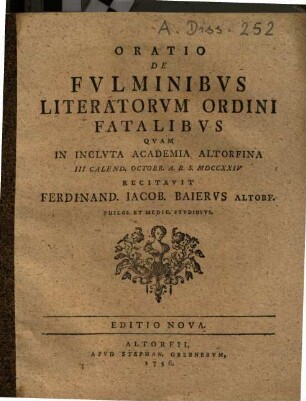 Oratio de fulminibus literatorum ordini fatalibus