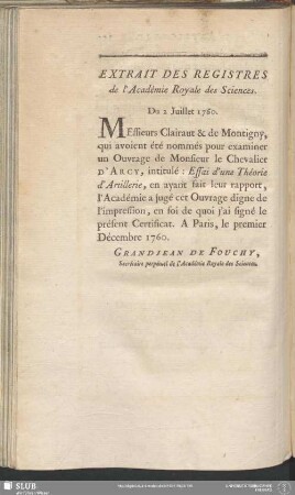 Extrait Des Registres de l'Académie Royale des Sciences. Du 2 Juillet 1760