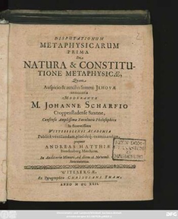 Disputationum Metaphysicarum Prima De Natura & Constitutione Metaphysicae,