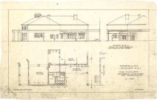 Pfann, Paul; München - Theresienhöhe; Ausstellung München 1908 - Cafe - Flügelbau - Abortanlage (Grundriss, Ansicht); Wandelhalle u. Cafe (Ansicht m. Schnitt)