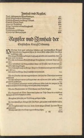 Register und Innhalt der Geistlichen Kriegßordnung.