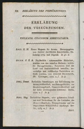 XX-XXVIII, Erklärung der Verkürzungen