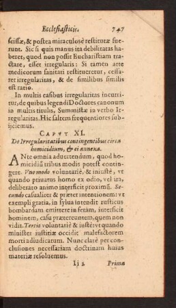 Capvt XI. De Irregularitatibus contingentibus circa homicidium, [et] ei annexa.