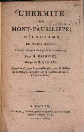 L' hermite du Mont-Pausilippe : mélodrame en trois actes ; tiré du Roman des Quatre Espagnols