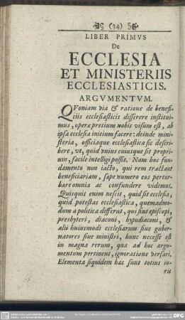 Liber Primus De Ecclesia Et Ministeriis Ecclesiasticis