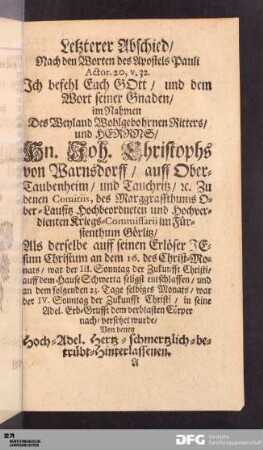 [I.] Letzterer Abschied/ Nach den Worten des Apostels Pauli...