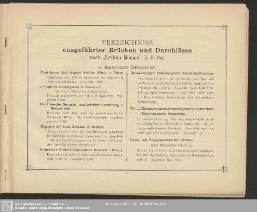 Verzeichniss ausgeführter Brücken und Durchlässe nach "System Monier", D. R.-Pat.