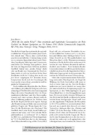 Jens Kegel: “Wollt ihr den totalen Krieg?”. Eine semiotische und linguistische Gesamtanalyse der Rede Goebbels' im Berliner Sportpalast am 18. Februar 1943 [Rezension]
