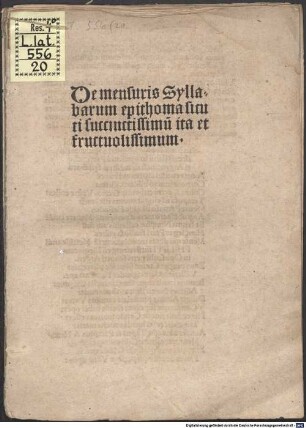 De mensuris Syllabarum epithoma sicuti succinctissimu[m] ita et fructuosissimum