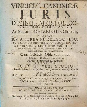 Vindiciae Canonicae Juris Divino-Apostolico-Pontificio-Ecclesiastici...