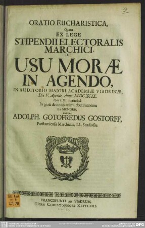 Oratio eucharistica, quam ex lege stipendii Electoralis Marchici de usu morae in agendo