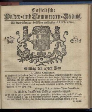 21. Stueck, Montag den 27ten May 1765