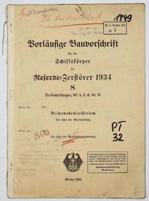 Vorläufige Bauvorschrift Schiffskörper Zerstörer 1934