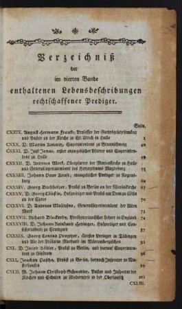 Verzeichniß der im vierten Bande enthaltenen Lebensbeschreibungen rechtschaffener Prediger.