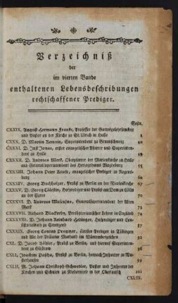 Verzeichniß der im vierten Bande enthaltenen Lebensbeschreibungen rechtschaffener Prediger.