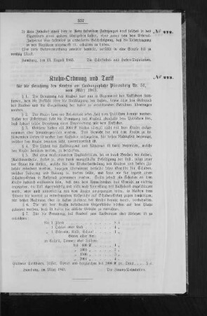 Krahn-Ordnung und Tarif für die Benutzung des Krahns am Landungsplatze Pinnasberg Nr. 51, vom März 1863.