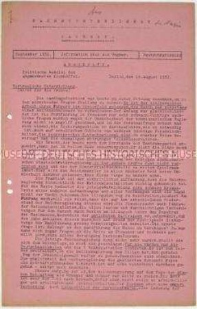 Hektografierte Materialsammlung der NSDAP Sachsen mit der Abschrift einer vertraulichen Mitteilung der politischen Kanzlei des Abgeordneten Kickhöffel zur Arbeit der deutschnationalen Landtagsabgeordneten