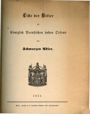 Liste der Ritter des Königlich Preußischen hohen Ordens vom Schwarzen Adler