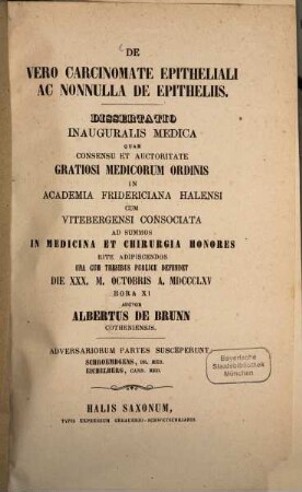 De vero carcinomate epitheliali ac nonnulla de epithelüs : Diss. inaug. med.