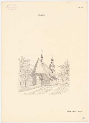 Holzkirche, Pawlau: Perspektivische Ansicht (aus: Die Holzkirchen und Holztürme der preußischen Ostprovinzen)