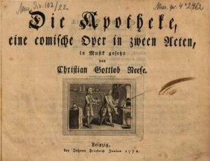 Die Apotheke, eine comische Oper in zween Acten, in Musik gesetzt von Christian Gottlob Neefe