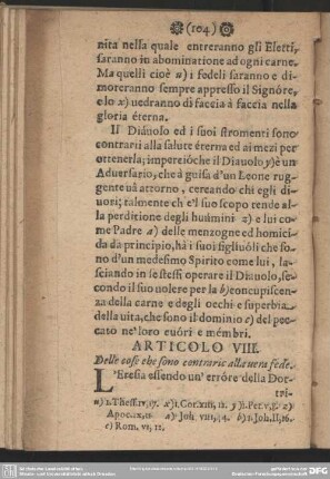 Articolo VIII. Delle cose che sono contrario alla vera fede