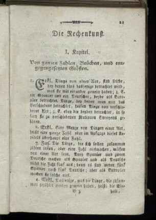 I. Kapitel. Von ganzen Zahlen, Brüchen, und entgegengesetzten Größen.