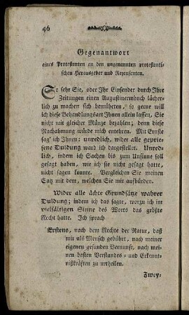 Gegenantwort eines Protestanten an den ungenannten protestantischen Herausgeber und Rezensenten.